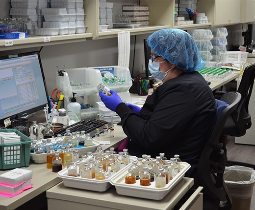 Woman working in a lab and holding a bottle
